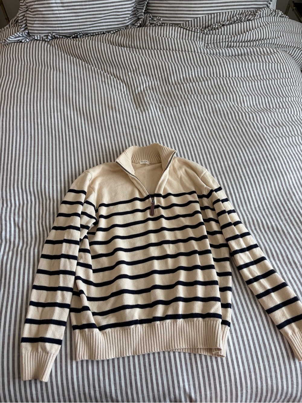 Brandy Melville Cream and Navy Striped Zip-Neck Sweater